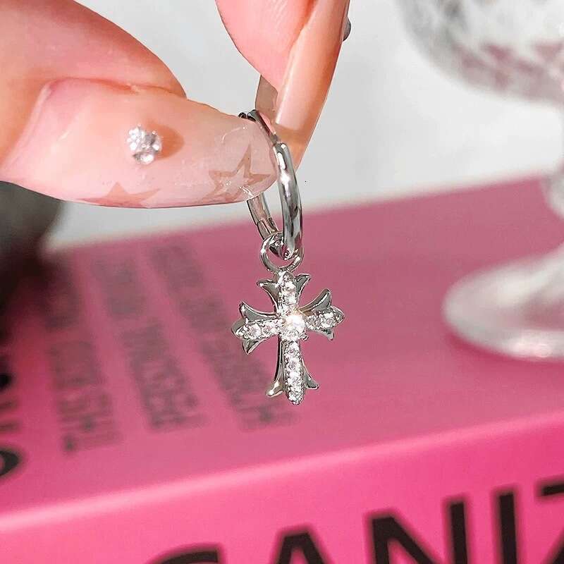 Super Shiny Dia-studded Designer Jewelry Cross Pendant Double Ear Hole Stackable Versatile Hoop Earrings For Women