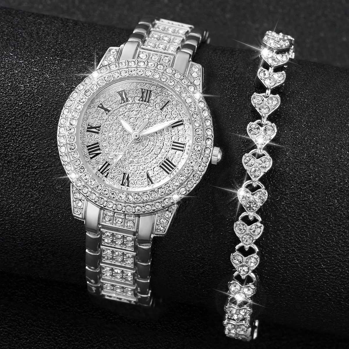2pcs/set Women Stainless Steel Band Diamond Quartz Watch and Bracelet Set W250718