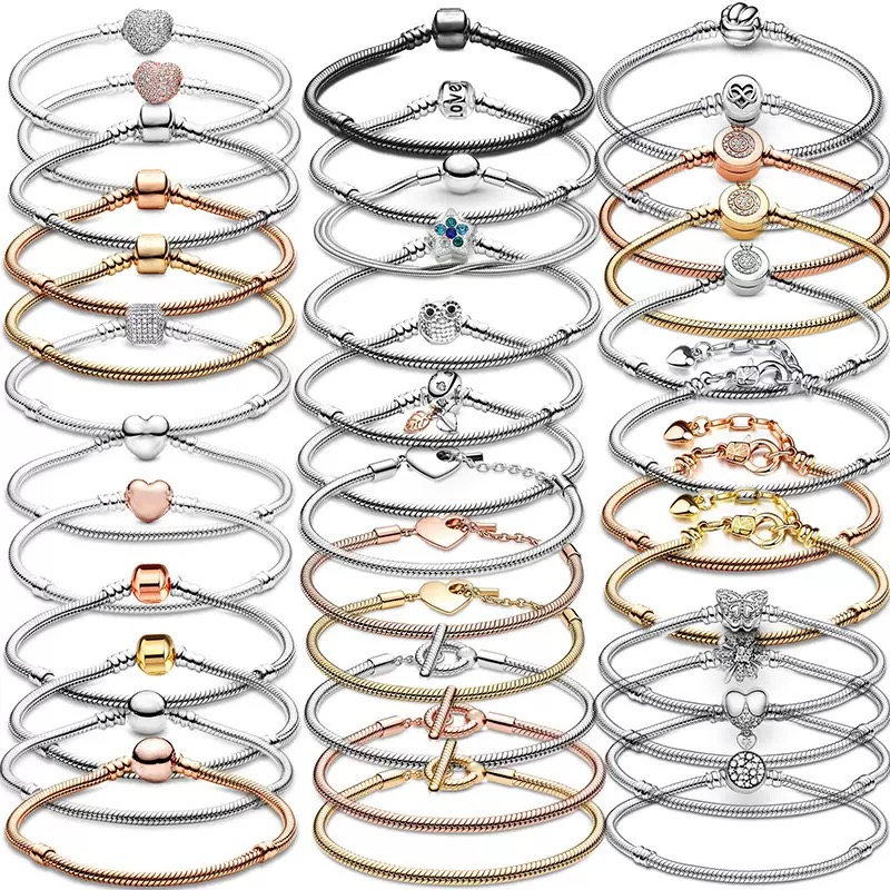 Sier Heart Buckle Snake Bone Chain Suitable original Love Charm Bracelet DIY Jewelry