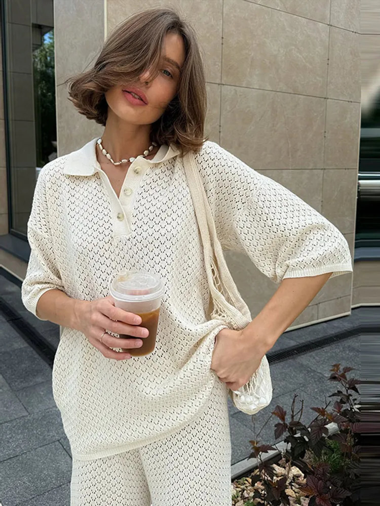 Fashion Knit Long Pants 2 Piece Sets Woman Outfit Casual Polo Neck Half Sleeve Shirt Wide Leg Trousers Suit 2025 Lady Set 250715