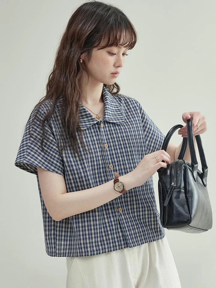 Zoki Women Vintage Plaid Shirt Casual Loose Summer Short Sleeve Blouse American Preppy Style Female Simple Retro Buttons Tops 250717