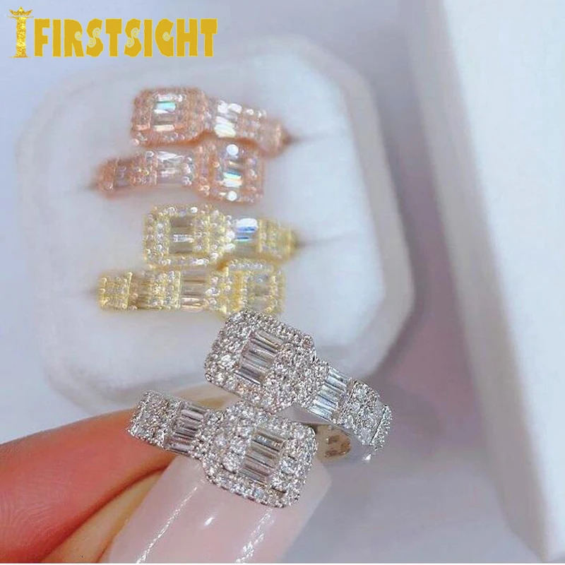 Iced Out Bling Square Heart CZ Adjustable Size Ring Gold Silver Color Micro Pave Rings Hip Hop for Men and Women Jewelry 250717