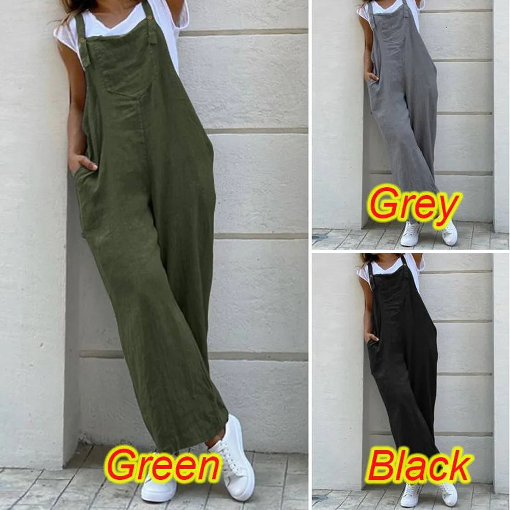 Women Wide Leg Pants Summer Adjustable Strap Pocket Loose Cotton Linen Overalls JYFSJY1850 250714