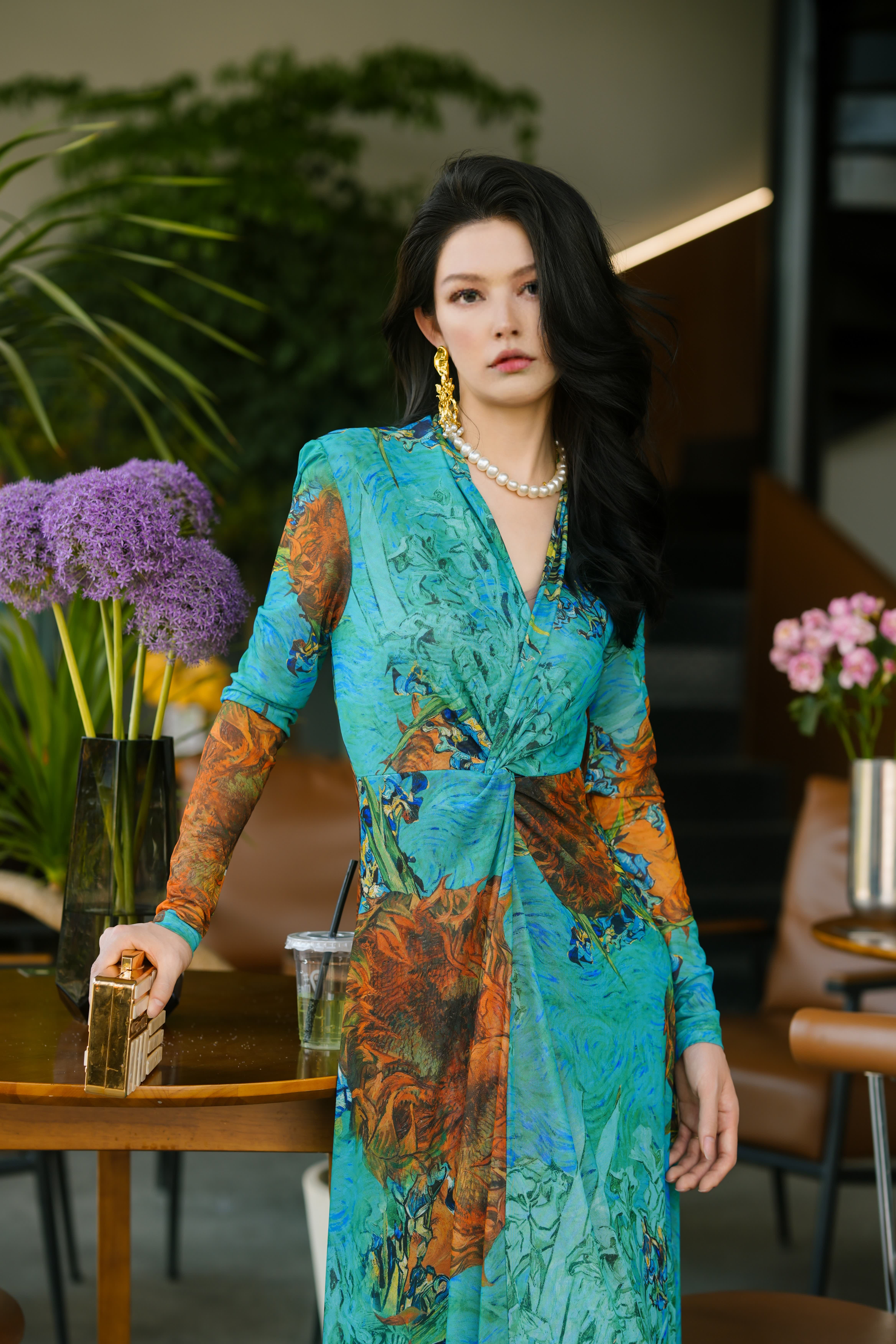 HZHJ new original designer oil painting sunflower dress appears white and slim, high-end