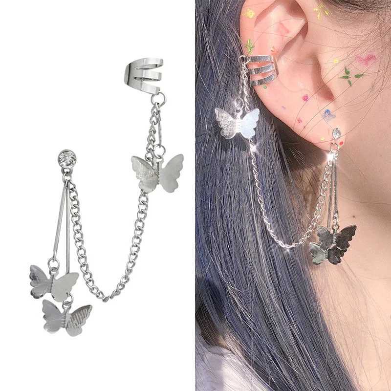 1PC New Fashion Gold Color Moon Star Clip Earrings For Women Simple Butterfly Fake Cartilage Long Tassel Ear Cuff Jewelry Gifts XJ250718