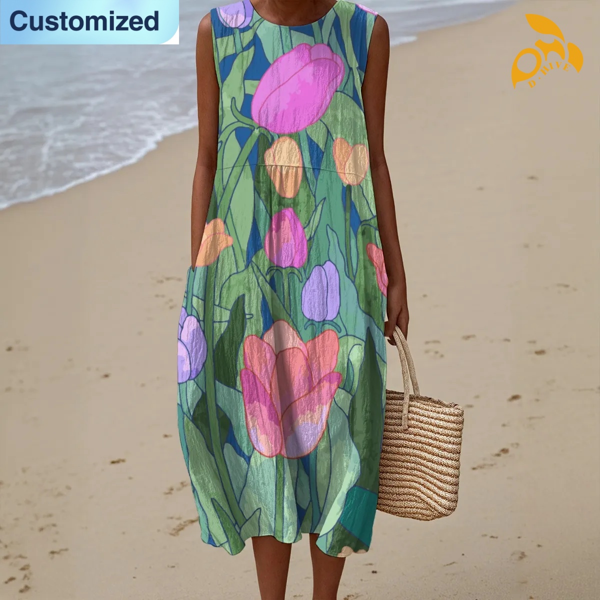 free shipping designer of customized soft comfortable full-body printed sleeveless women's dress with exquisite patterns from US