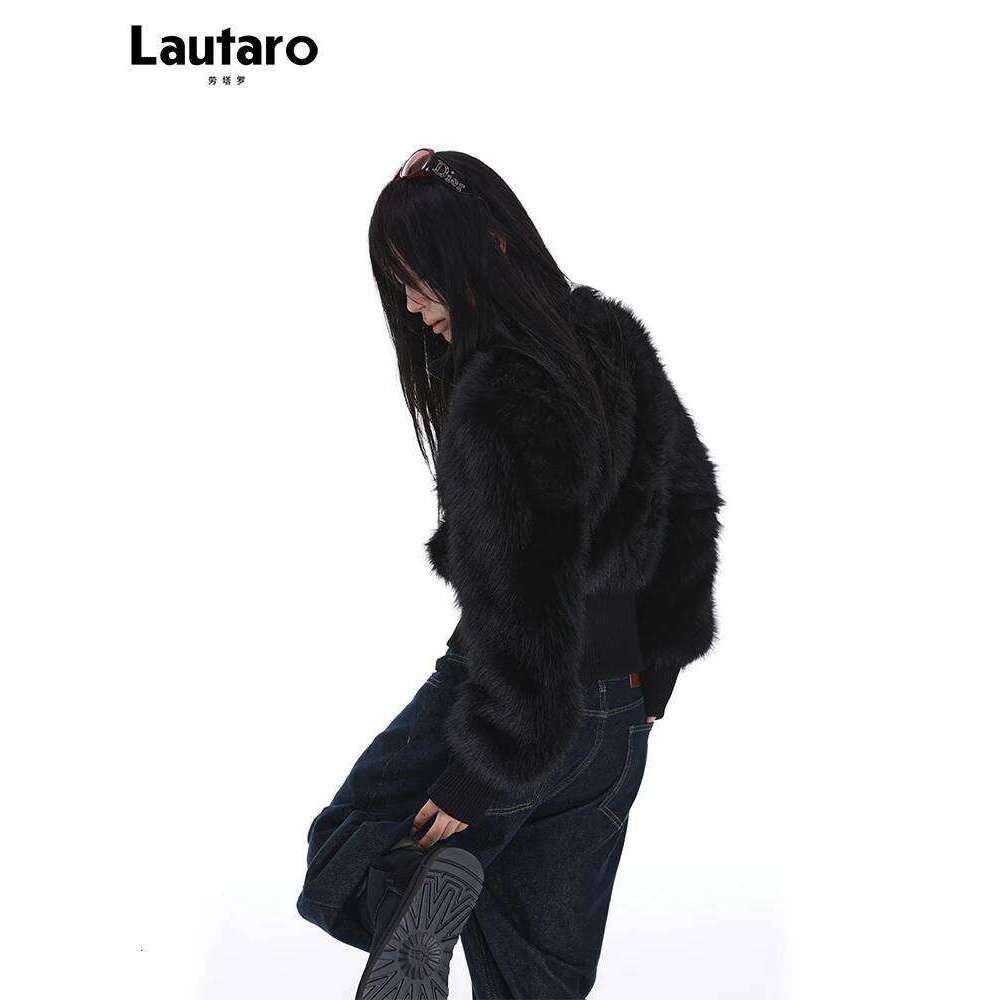 Lautaro Spring Winter Short Black Soft Thick Warm Hairy Faux Fur Coat Women Zip Up Designer Clothes Fluffy Jacket 2025 MDNG