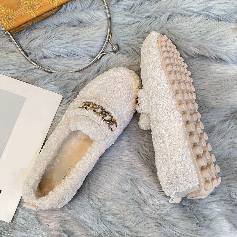 Stylish Lamb Fur Women Platform Metal Decor Vintage Shoes Slip On Plush Lining Female Cork Winter Slides Shoes Woman Furry Soft Sole Casual Oversized 