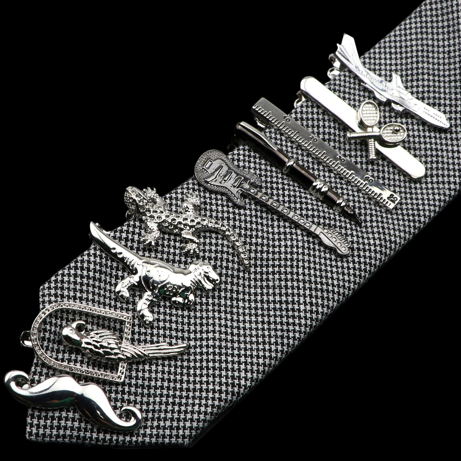 1 Piece Chrome Stainless Tie Clips Guitar lizard Dinosaur Bird Sword Pen Shape Clip for Men Necktie Pin For Mens Gift 250715