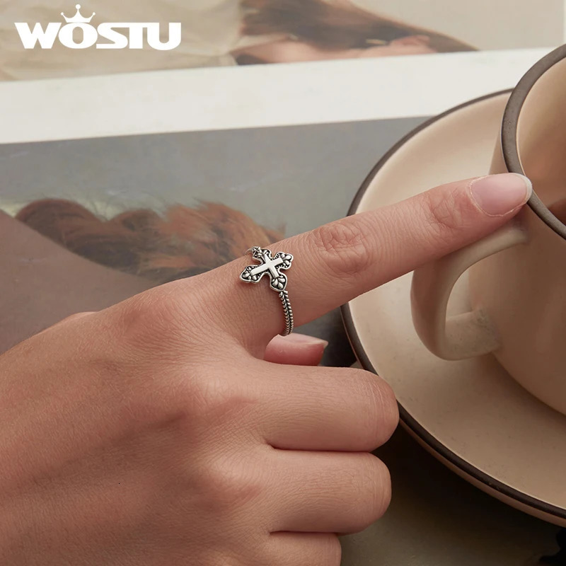 925 Sterling Silver Goth Vintage Cross Open Ring For Women Stylish Retro Adjustable Prayer Rings Hip Hop Jewelry Gift 250717