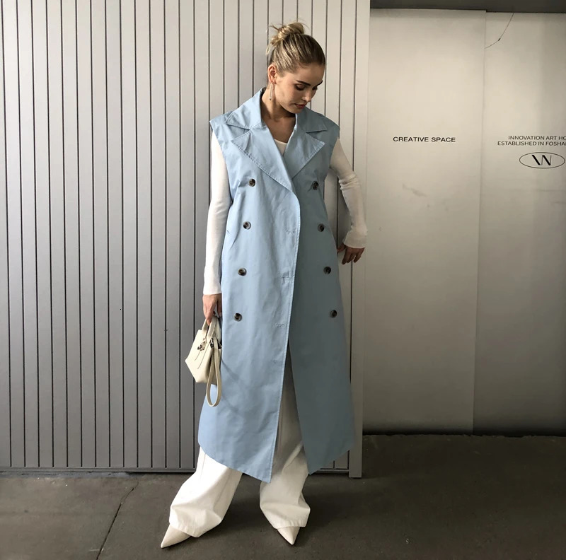 2025 Women Fashion Fall Autumn 2 piece long trench coat Female outerwear blue Khaki 250715