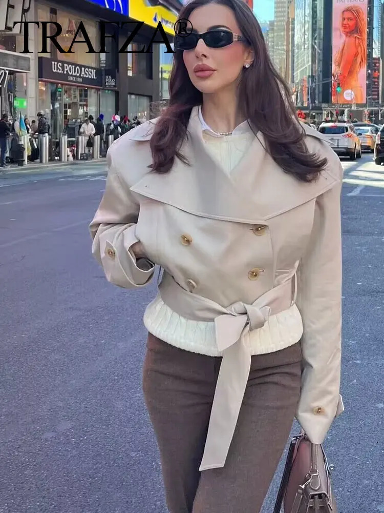 TRAFZA 2025 Spring Retro V-neck Double Breasted Womens Pocket Top Loose Jacket Womens Street Casual Lace-up Short Trench Coat 250716