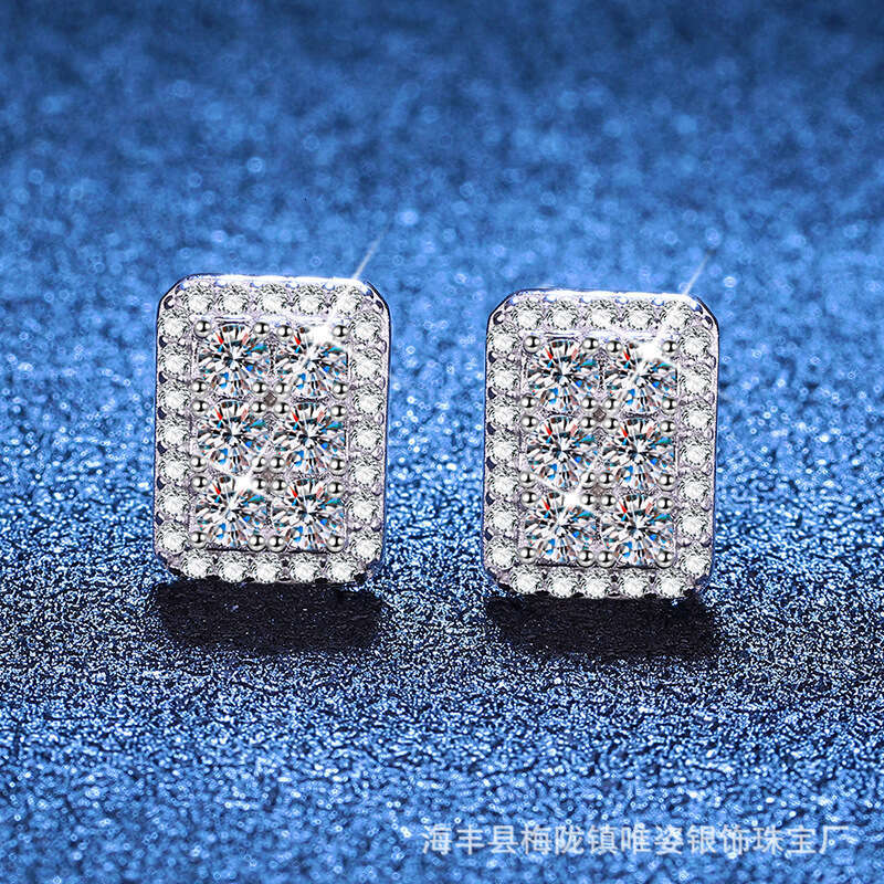 S Pure Sier Moissanite Full Dia Sparkling Sugar Cube Japanese and Korean Simple Light Niche Ins Style Earrings fa1