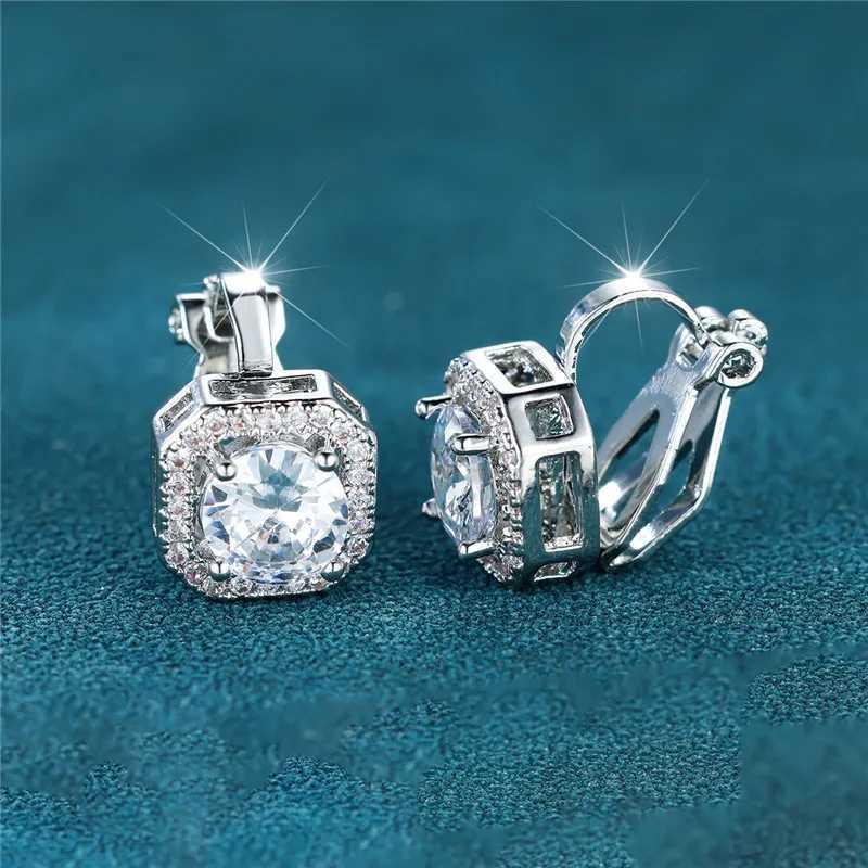 Female Cute Small Clip Earrings White Zircon Round Stone Earrings For Women Vintage Silver Color Crystal Jewelry Bridal Earrings XJ250718