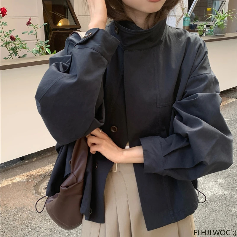 Korea Short Outerwear Woman Casual Loose Lazy Chic Long Sleeve Cotton Blends Windbreaker Coats Thin Thench 250716