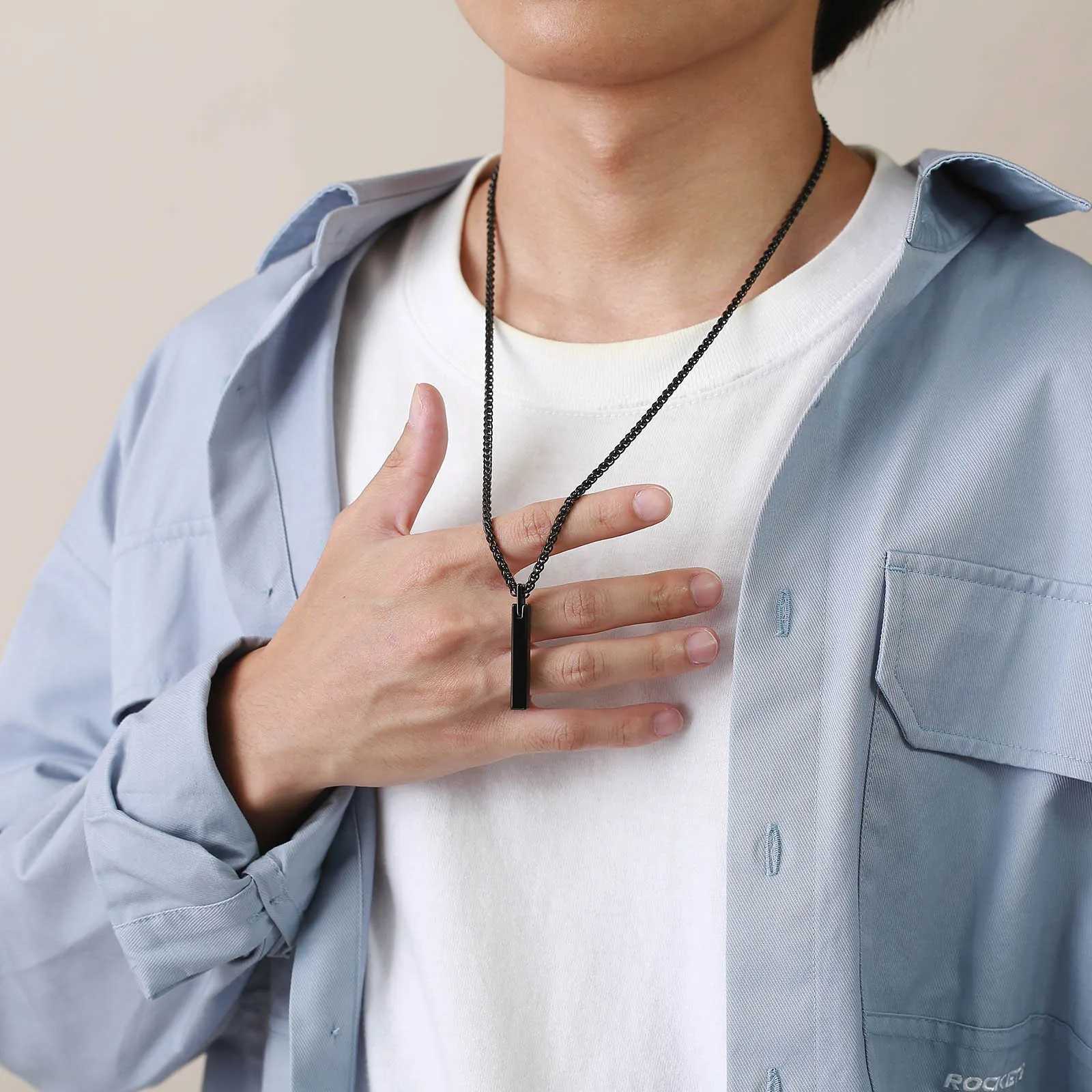 3D Waterproof Vertical Bar Necklaces for Men Minimalist Stainless Steel Geometric Pendant with Box Chain Malar Jewelry W250718