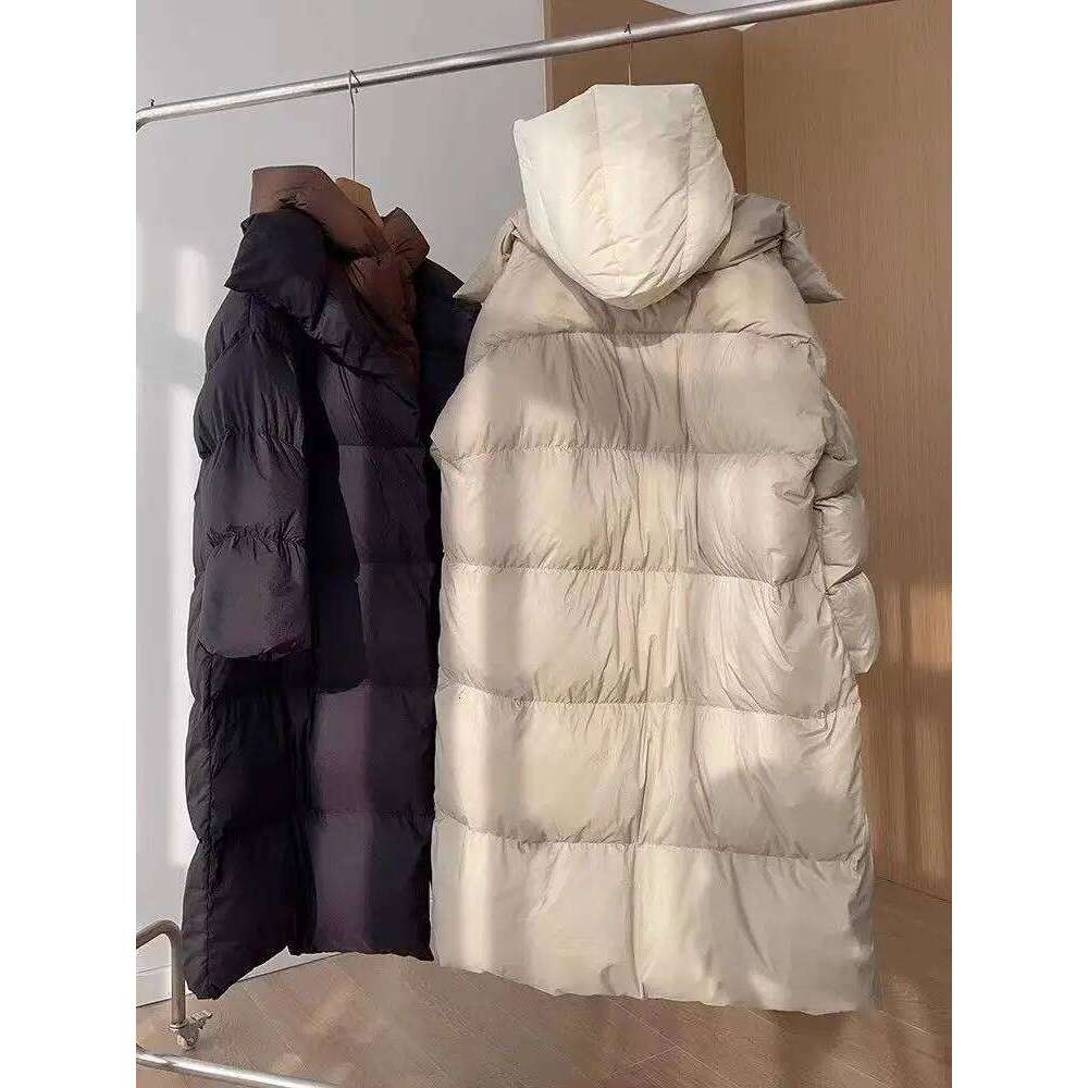 New White Duck Hooded Fake Two Piece Long Knee Down Jacket Winter Women's Warm Pike Coat MDNG
