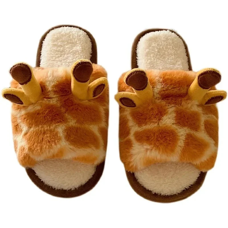 Winter Women Cute Home Plush Slippers Cartoon Giraffes Warm Faux Fur Lining Fluffy Cozy Flat Non Slip Sole Ladies Shoes 250716