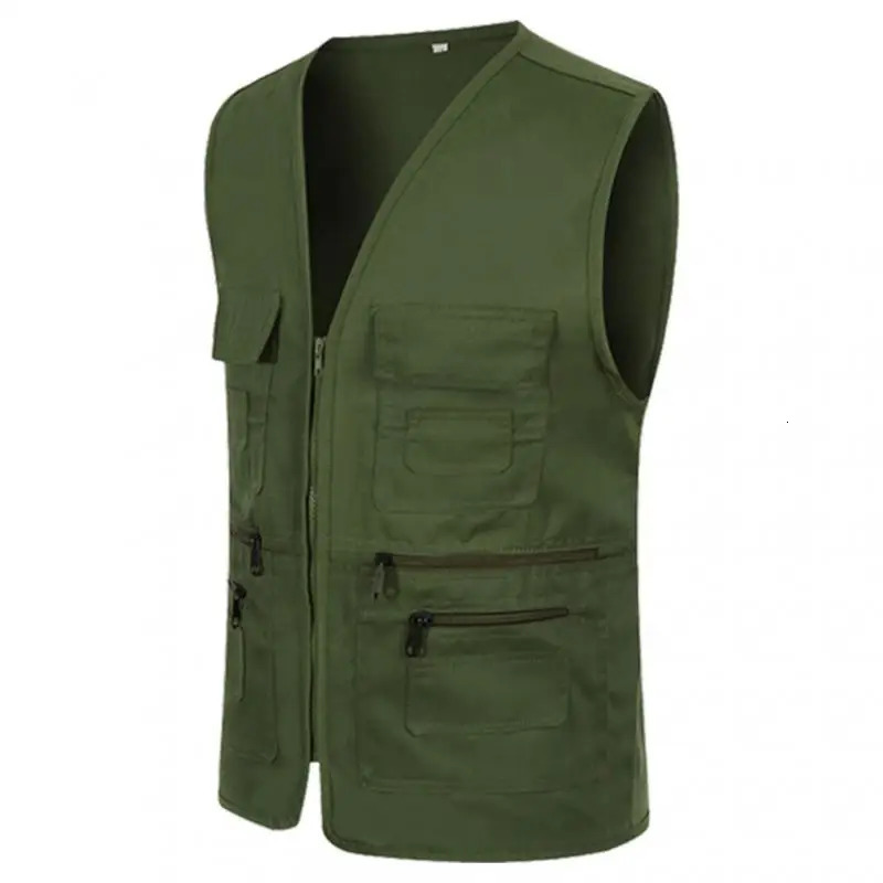 Vest Men Casual Sleeveless Cargo Jacket Multi Pocket Waistcoat Fashion Outdoor Solid Color Zipper Vests Mens Clothing 250707