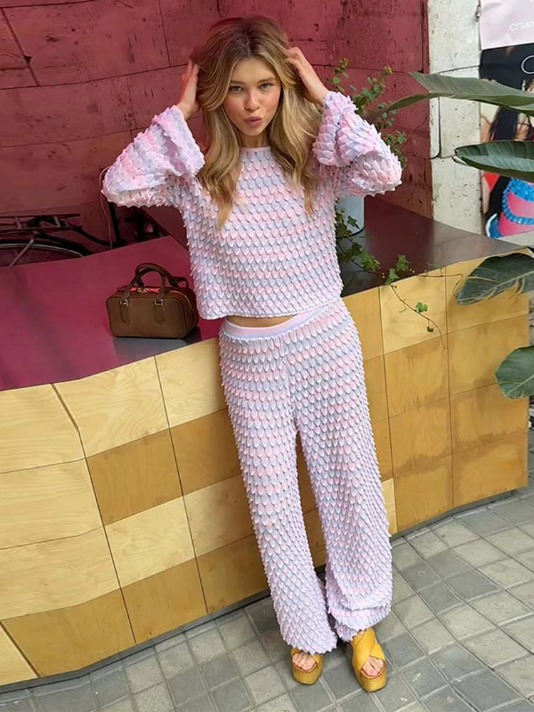 Knitted Scale Thin Sweater Long Pant Set Lady Casual O-neck Sweaters Loose Straight Pants Sets Women Chic Street Outfits 250714