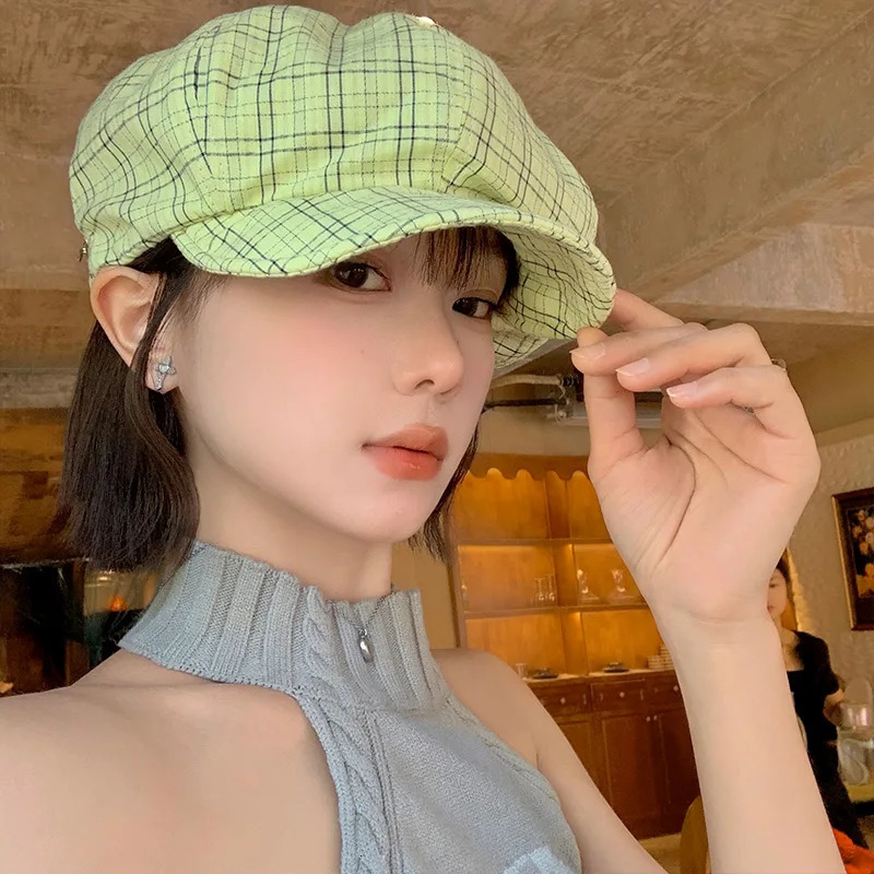 Ins Fresh Green Plaid Octagonal sboy Hats for Women Spring and Summer Show Face Small Retro Versatile Cloud Berets Cap 250712