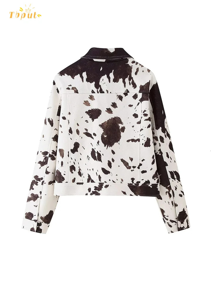Casual Women Lapel Jacket Female Cow Print Long Sleeve Single Breasted Short Length Outerwear 2025 Autumn Commute Street Coat 250715