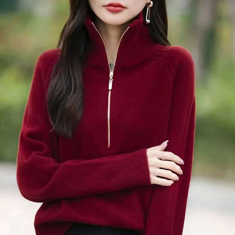 Quality Turtleneck Sweater Women Knitwear Loose Casual Zipper Half Open Collar Pullovers Autumn/Winter Supple Knit Top Keep Warm MDNG