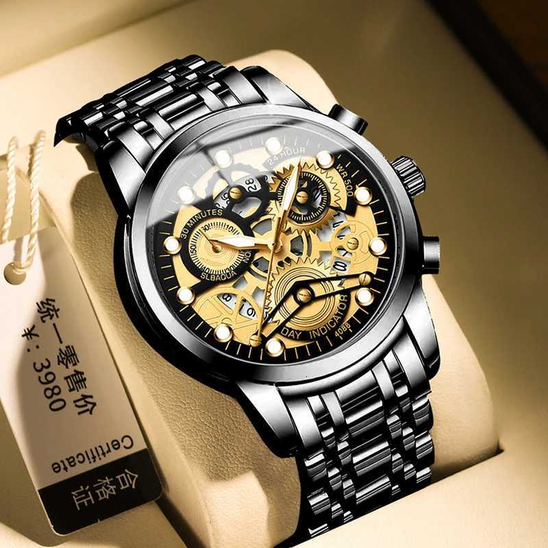 uthai Mens Watch Light Luxury Automatic Hollow Fashion Trend Waterproof Luminous Stainless Steel Strap Quartz Watch Reloj Gift W250718