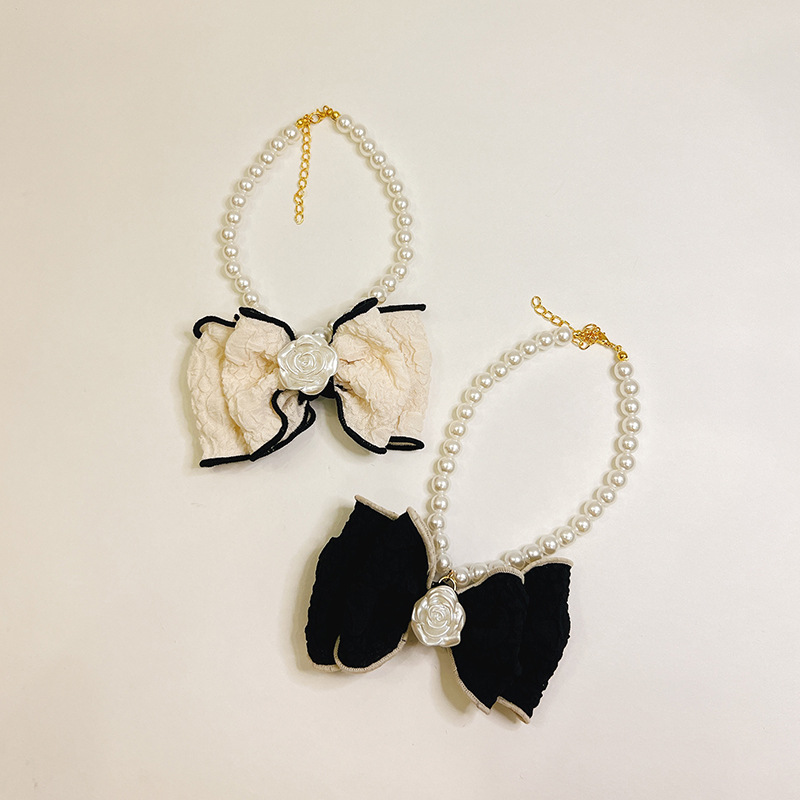 Designer Harness French Bow Pet Collar, High-end Cat Pearl Necklace Accessory, Little Dog Neck Collar and Necklace