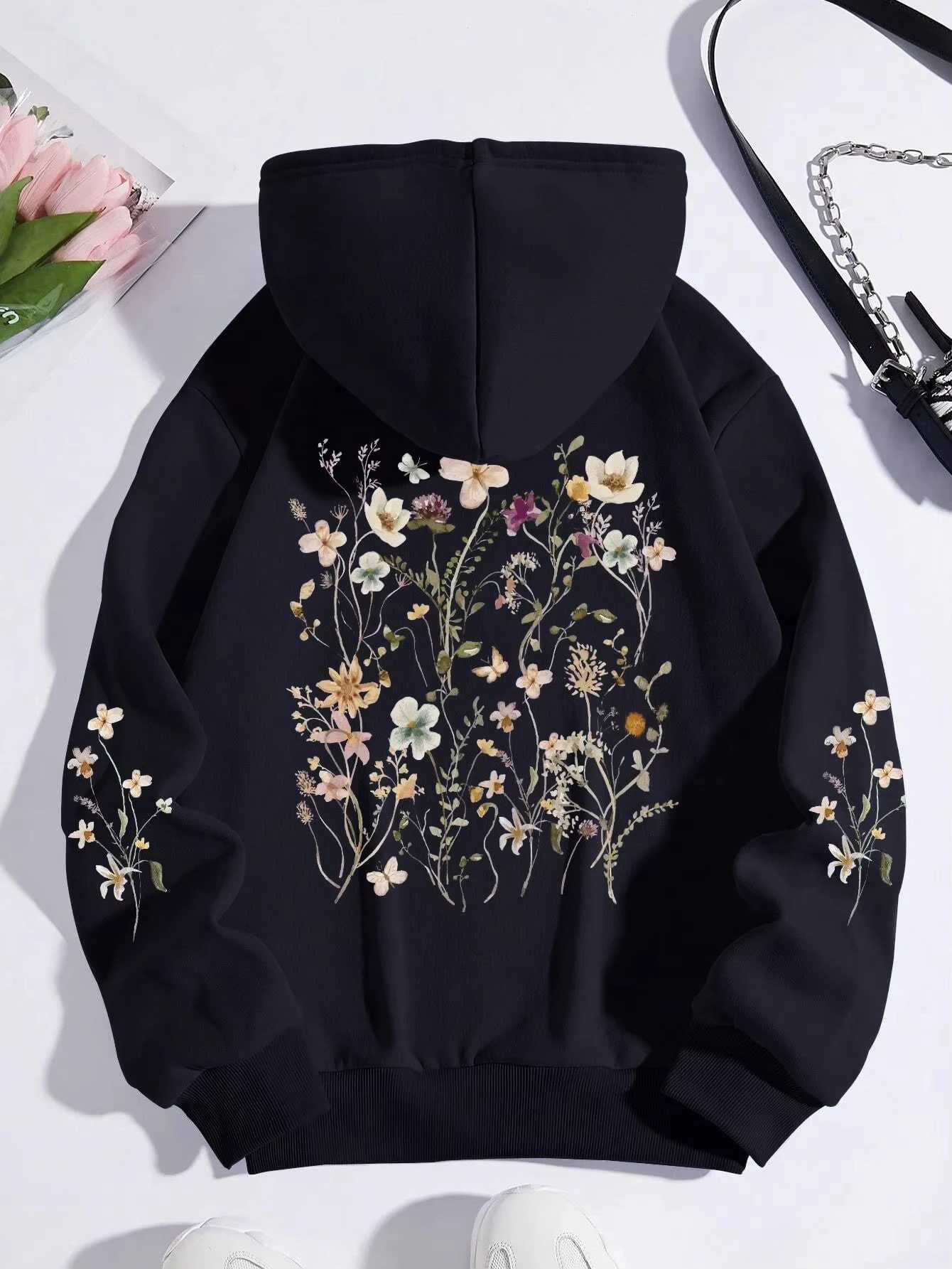 Colorful Flowers Women Sweatshirt Harajuku Casual Sweatshirt Fashion Loose Hoodie Autumn Warm Vintage Fleece Woman Top Z250719