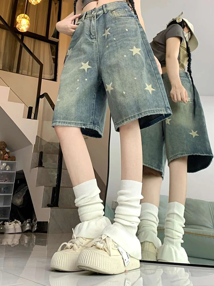 Women High Waist American Retro Washed Wide Leg Jeans Girls Street Do Old Star Loose Denim Pants Female Blue Knee Length Shorts 250714