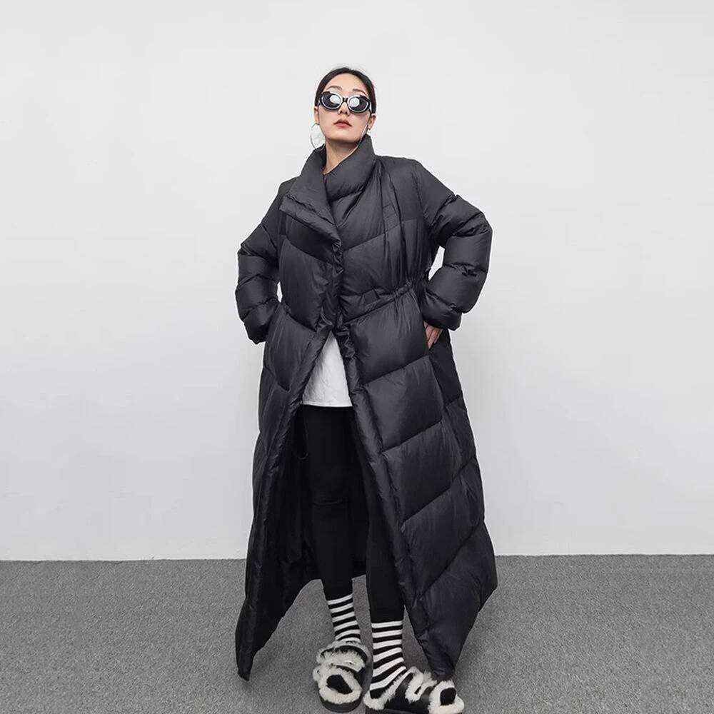 Winter Large Lapel Long Overcoat Women 90 White Duck Loose Knee Length Bread Cotton Quilt Jacket Warm Down Coat MDNG