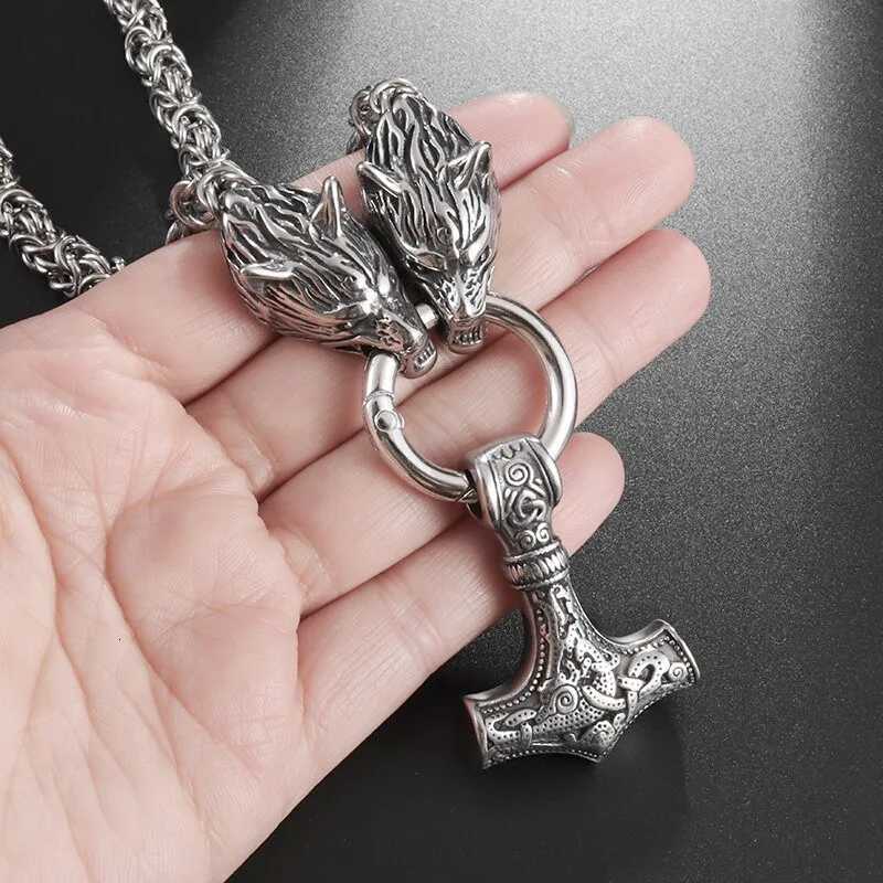 igh Quality Vintage Nordic Necklace Doub Wolf Thors Hammer Pendant Necklace Men Stainss Steel Jewelry Gift W250718