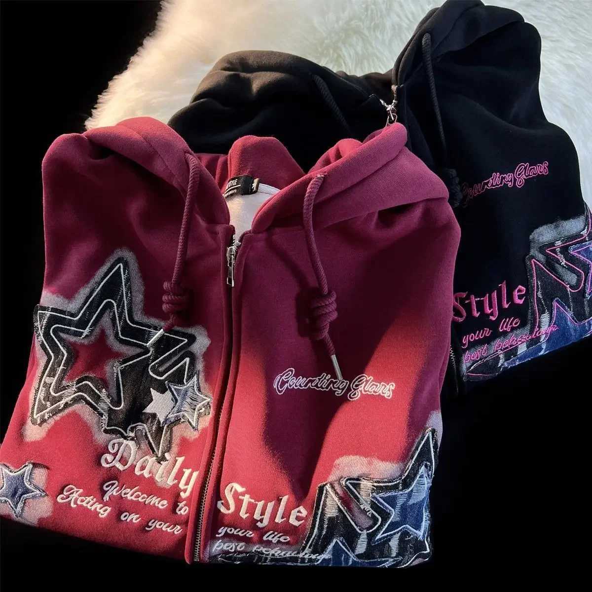 Aesthetic Star Print Cardigan Zip Up Sweatshirt Men Women Autumn Winter Loose Tide Brand Couple Hooded Zip Jacket Harajuku Y2k Z250719