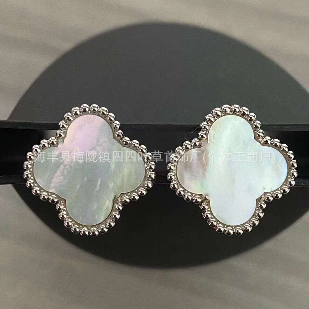 New for Women Gold High Version Pure Sier Lucky Clover White Mother-of-Pearl Non-Fading Mimi Earrings