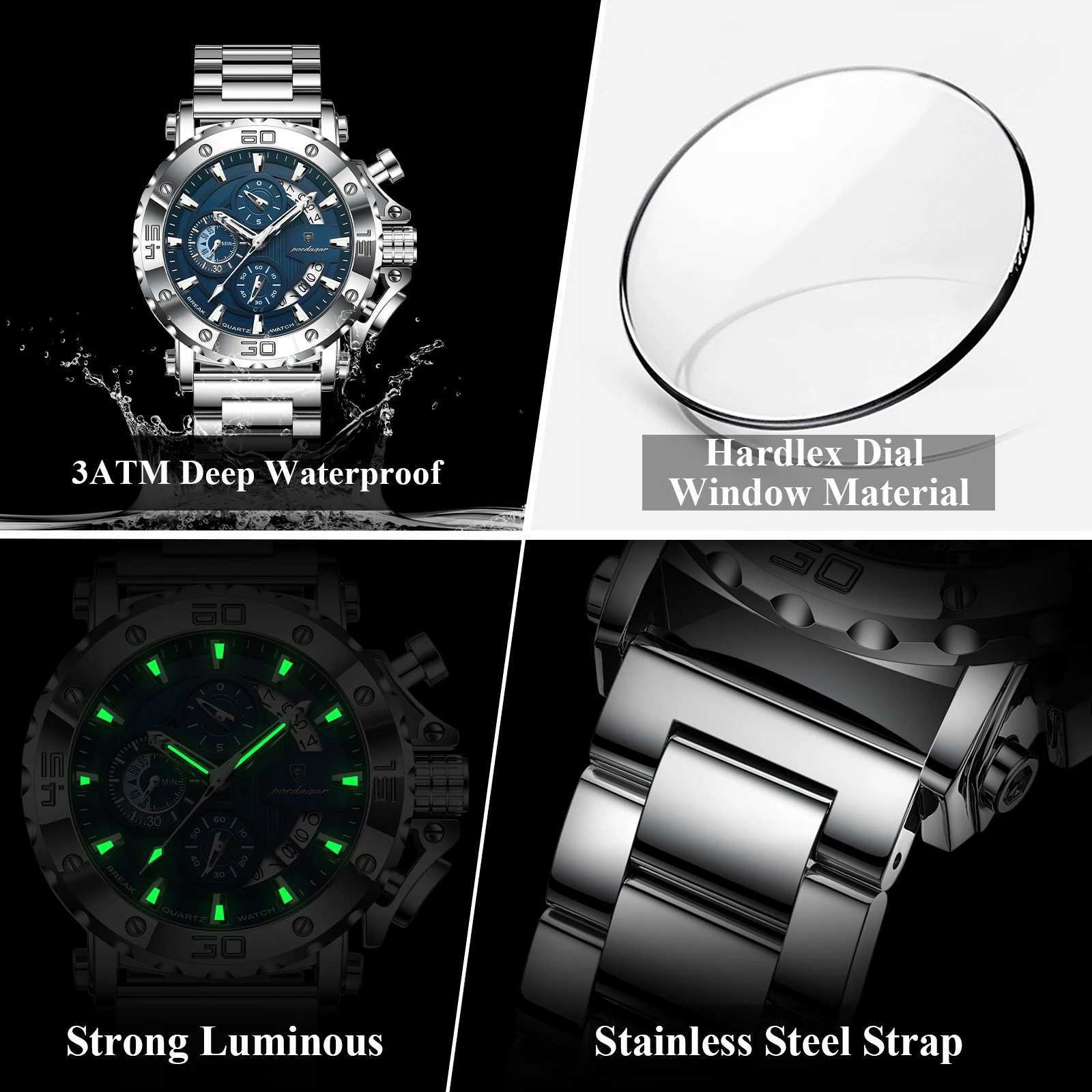 POEDAGAR Luxury Watch For Men Calendar Luminous Waterproof Man Clock Male Chronograph Stainless Steel Mens Quartz Watches Reloj W250718
