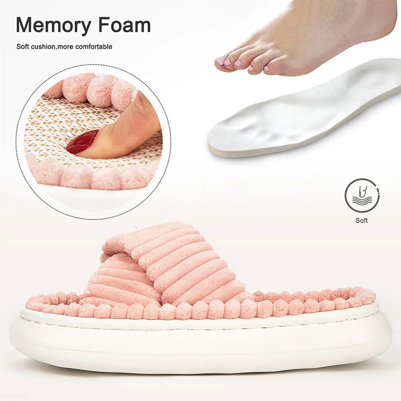 Winter Solid Linen Slippers Women Home Slippers Open-Toe Cross Band Linen Soled Indoor Slides Non Slip Indoor platform Slipper 250716
