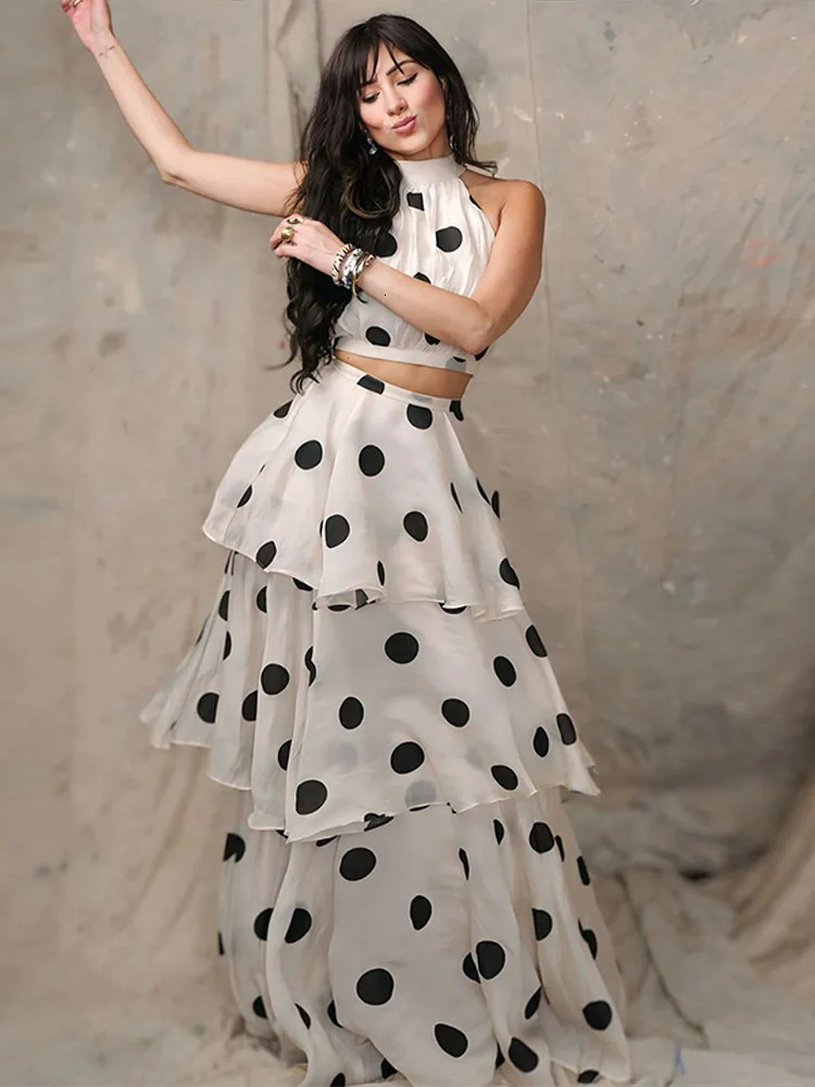 Fashion Polka Dot Womens Two Piece Suit Halter Sleeveless Top Elastic Waist Pleated Long Skirt Summer Lady Party Outfits 250717