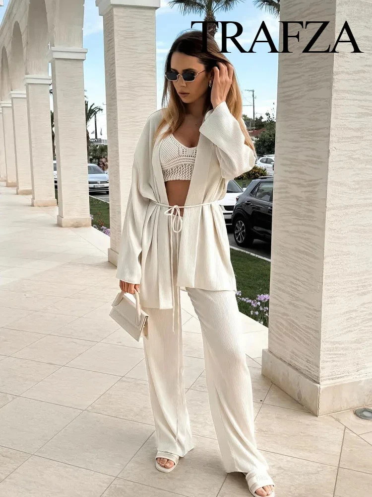 TRAFZA Women 2 Piece Set Pleated Texture Lace Up Decorate Fashion Kimono Shirt TopSolid Elastic Waist Wide Leg Long Pant Mujer 250714