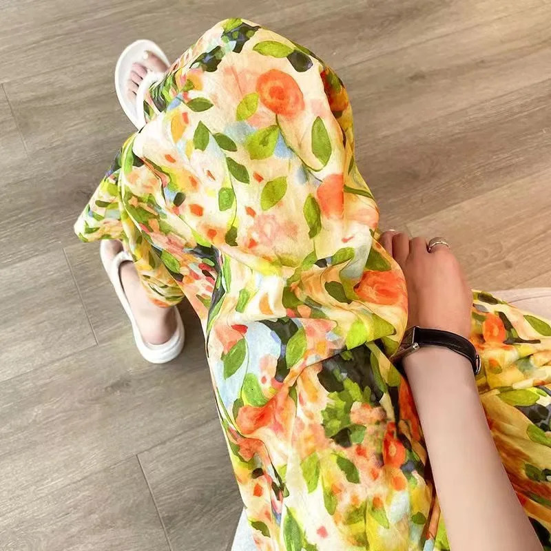Beach Pants Loose WideLeg Pant Female Seaside Leisure INS High Waist Cropped Straight Floral Trousers 2024 Summer 250714