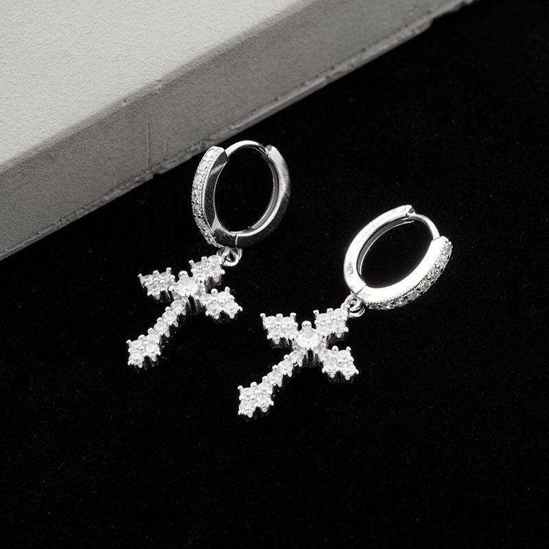 Micro Pave Full Zirconia Rhombus Cross Non-Pierced Ear Clip Men's Studs Women's Drop Earrings Trendy