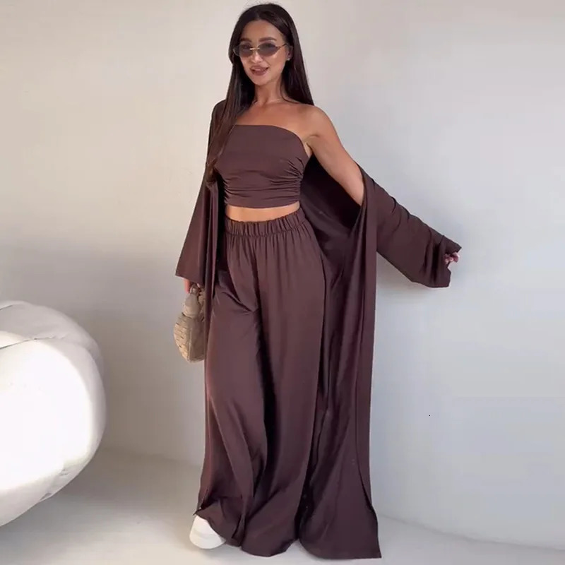 Womens clothing 2025 summer casual strapless vest long cardigan wide-leg trousers three-piece club clothing club Vestidos 250715