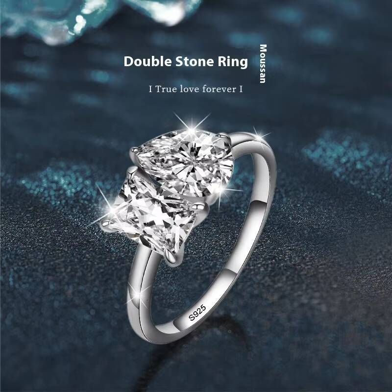 European American 925 Sterling Silver Moissanite Double Stone Ring Square Water Drop Exaggerated Design Cross-Border Wholesale