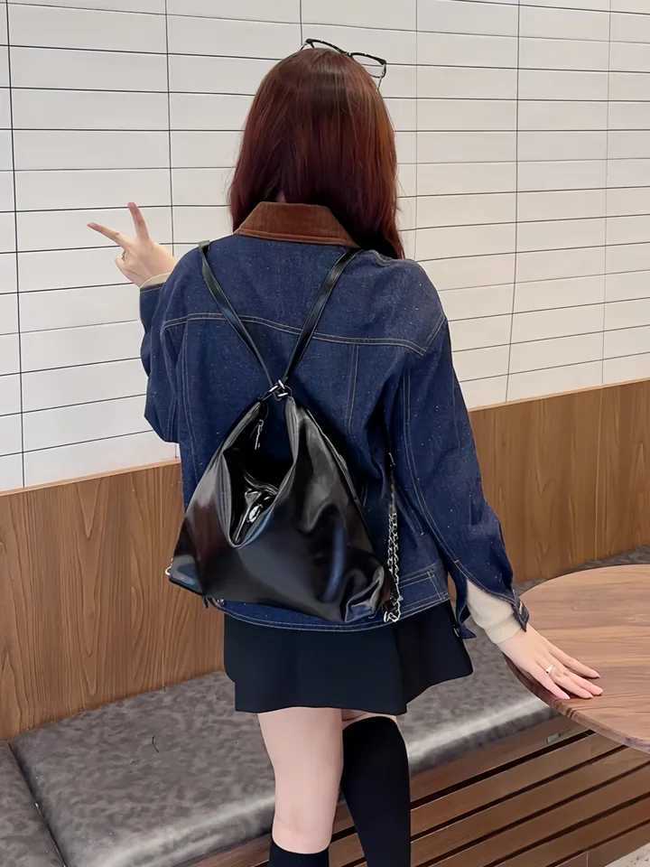 Large Capacity Commuter Soft Leather Multi-Purpose Shoulder Bag College Style Hundred Chain Shoulder Black Handbag Y250718