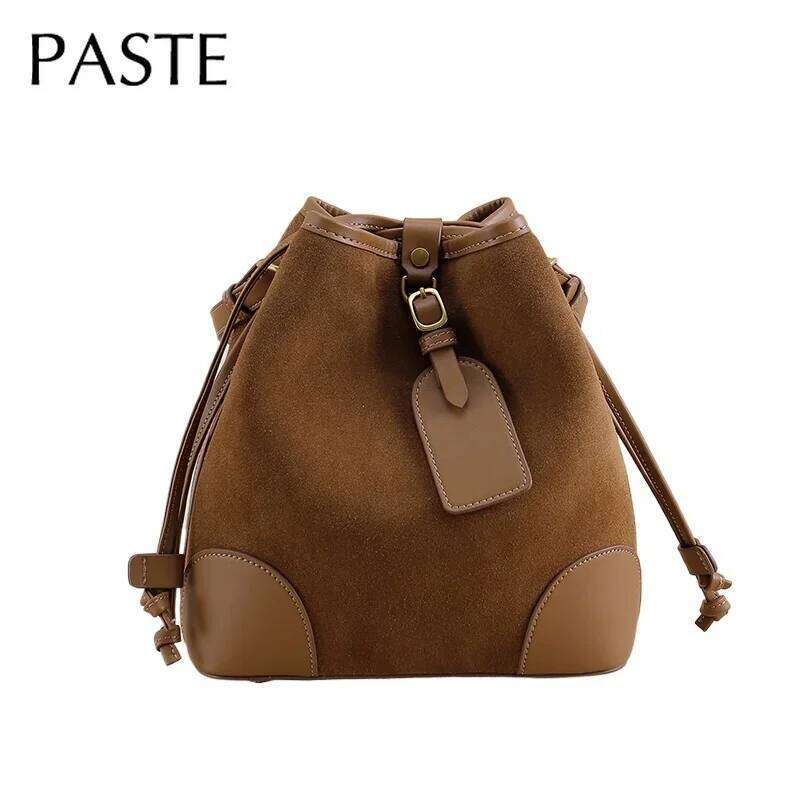 Retro Stylish String Close Gift Pouch Marroon Coffee Color Small Bucket Tote Matte Suede Leather Women Crossbody Shoulder Bag