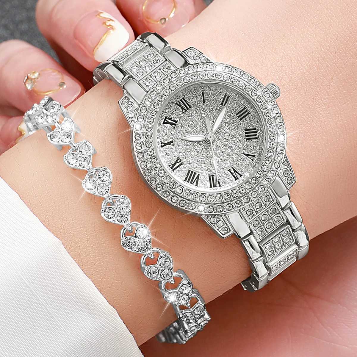 2pcs/set Women Stainless Steel Band Diamond Quartz Watch and Bracelet Set W250718