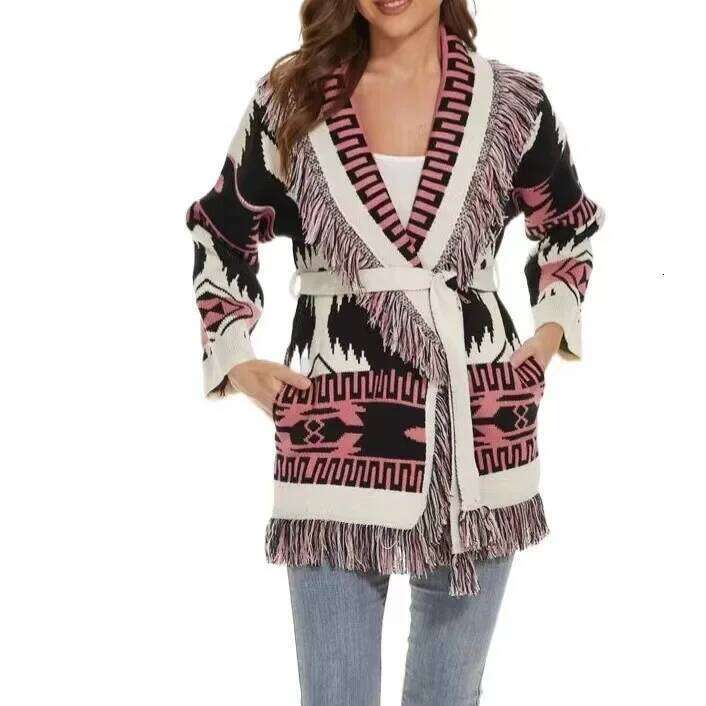 Designer Clothing Niche Color Block Jacquard Fringed Lapel Thickened Medium-Length Sweater Jacket Autumn/Winter New Arrival From Speed Sell Throug Fas