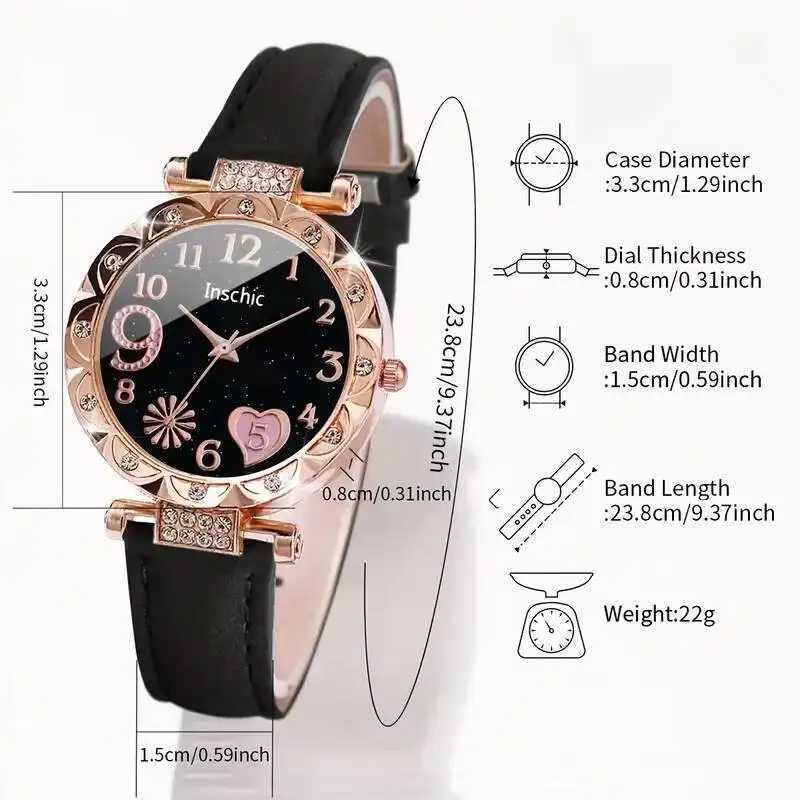 6PCS/Set Fashion Rhinestone Womens Watches Ladies Leather Band Heart Dial Quartz Watch Leaf Bracelets Set (Without Box) W250718