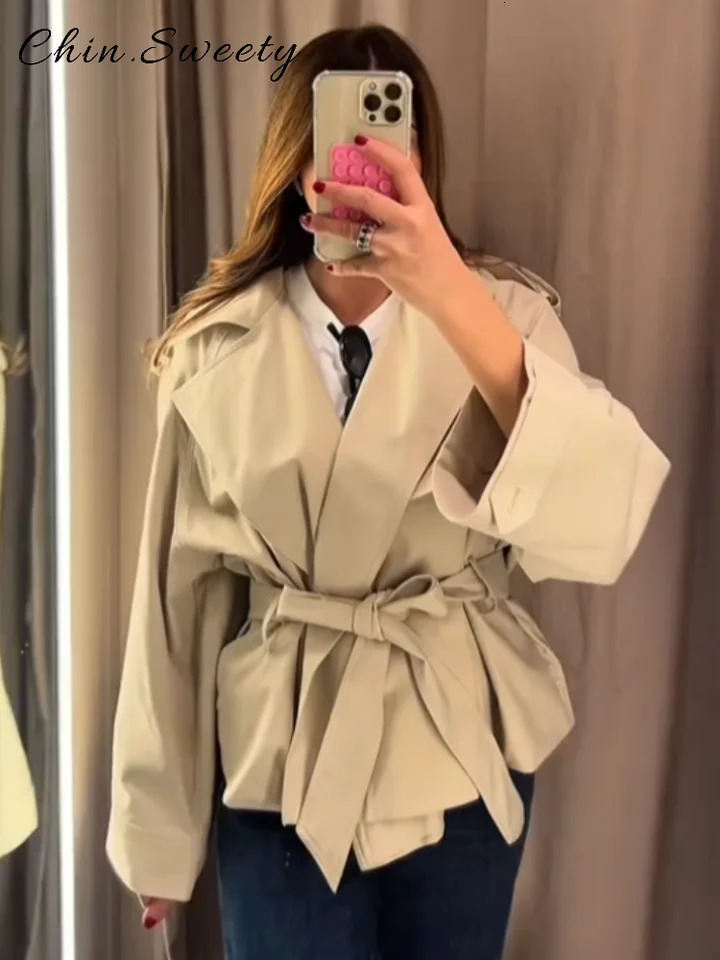 Fashion Lace Up Ruched Trench Coat Women Solid Loose Lapel Full Sleeve Jackets Female 2025 Spring Summer Lady Commute Coats 250716