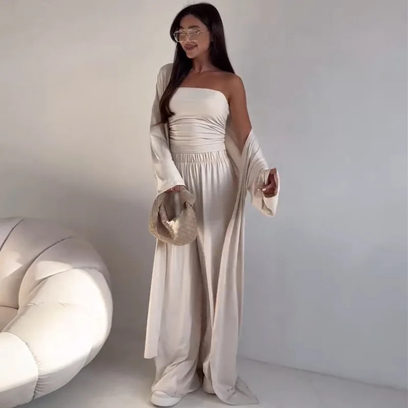 Womens clothing 2025 summer casual strapless vest long cardigan wide-leg trousers three-piece club clothing club Vestidos 250715